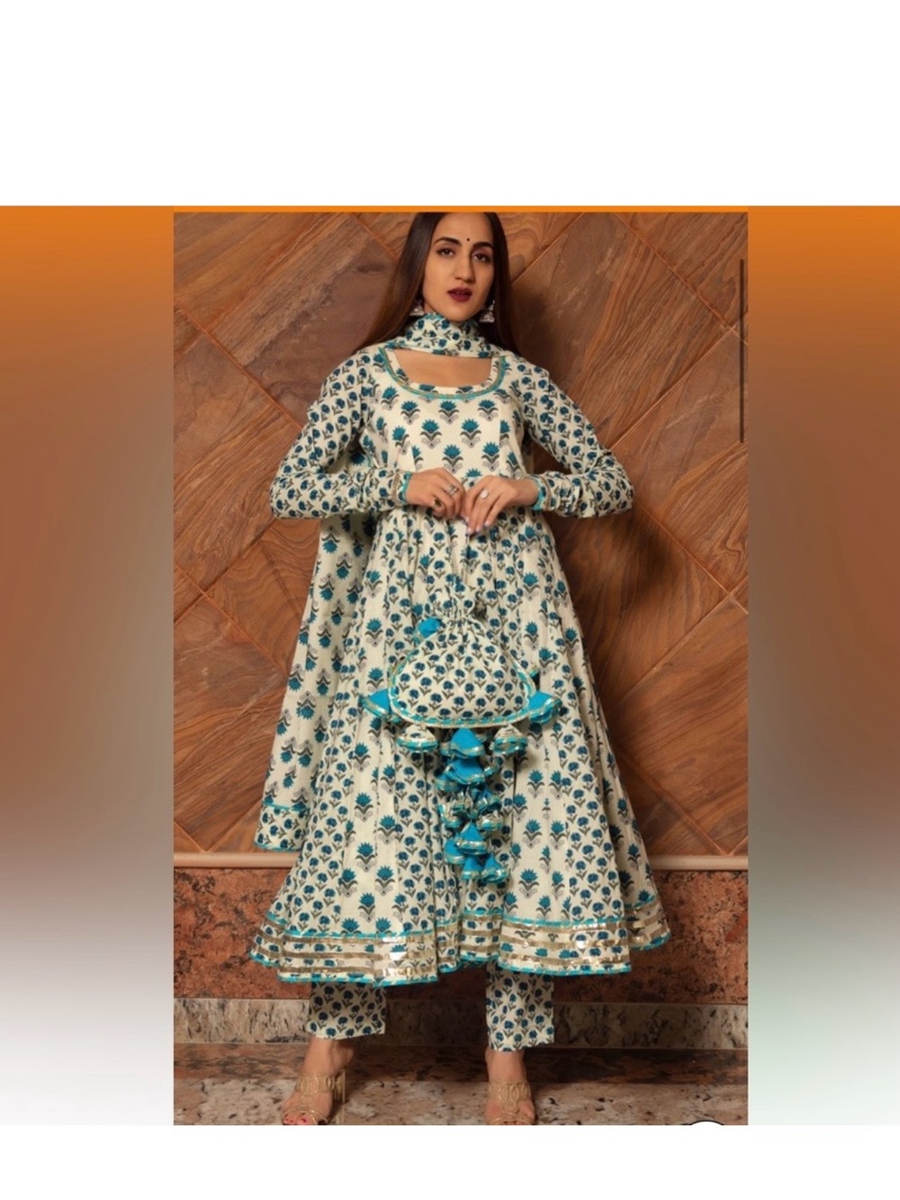 White & Teal Floral Long Sleeve Anarkali Dress with Matching Dupatta